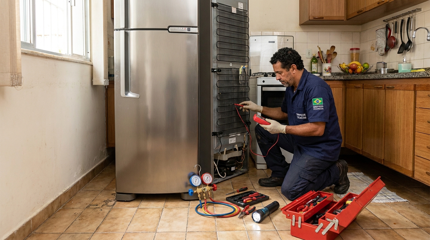 Técnico realizando manutenção de motor de geladeira em Jundiaí‑SP