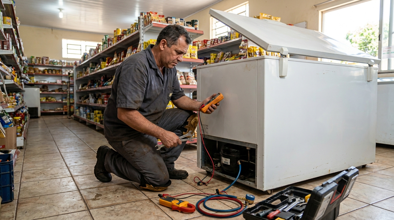 Troca de termostato de freezer em atendimento técnico em Jundiaí‑SP